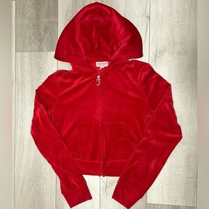 Juicy Couture Women's Vibrant Red Velour Cropped Zip Up Hoodie Red Size Small